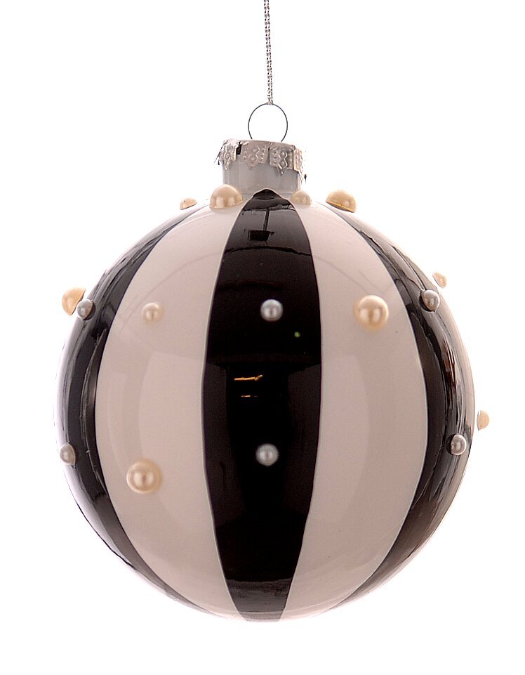 20591-20592-20593 12/48-10cm Γυάλινη μαύρη και λευκή ριγέ μπάλα με πέρλες - Image 1